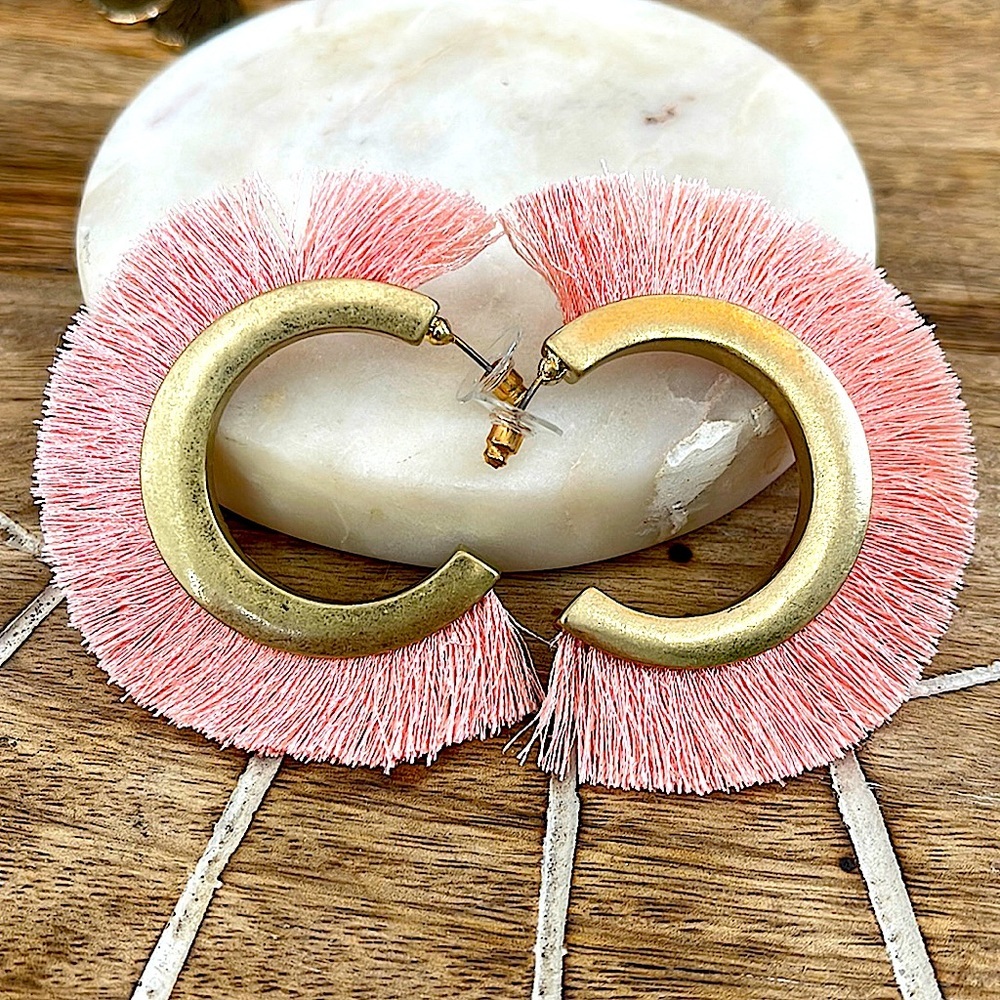 Gold pink fringe earrings